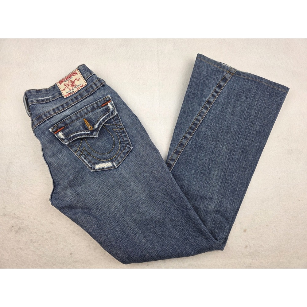 Vintage TRUE RELIGION Joey Jeans Womens Size 28‎ Blue Flap Pockets Flare Leg